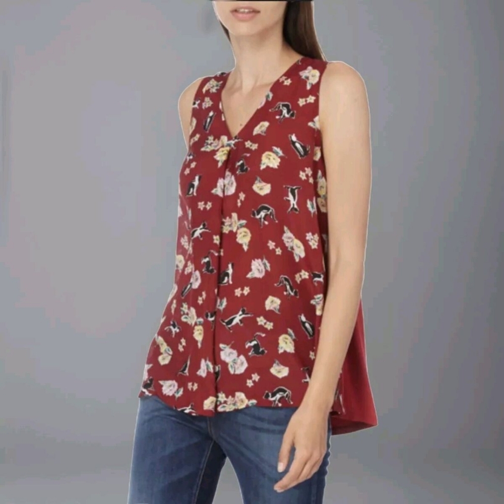 Max Mara Weekend Burgundy Silk Cat Print Top XS